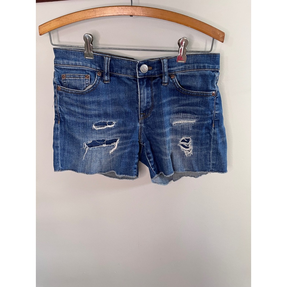 J.Crew Indigo Denim Distressed Cut Off Jean Shorts Size 26 Medium Wash Raw Hem